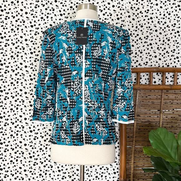 NEW Ming Wang | Blue Knit Black White 3/4 Sleeve Cardigan Work Jacket XS NWT - Picture 5 of 9